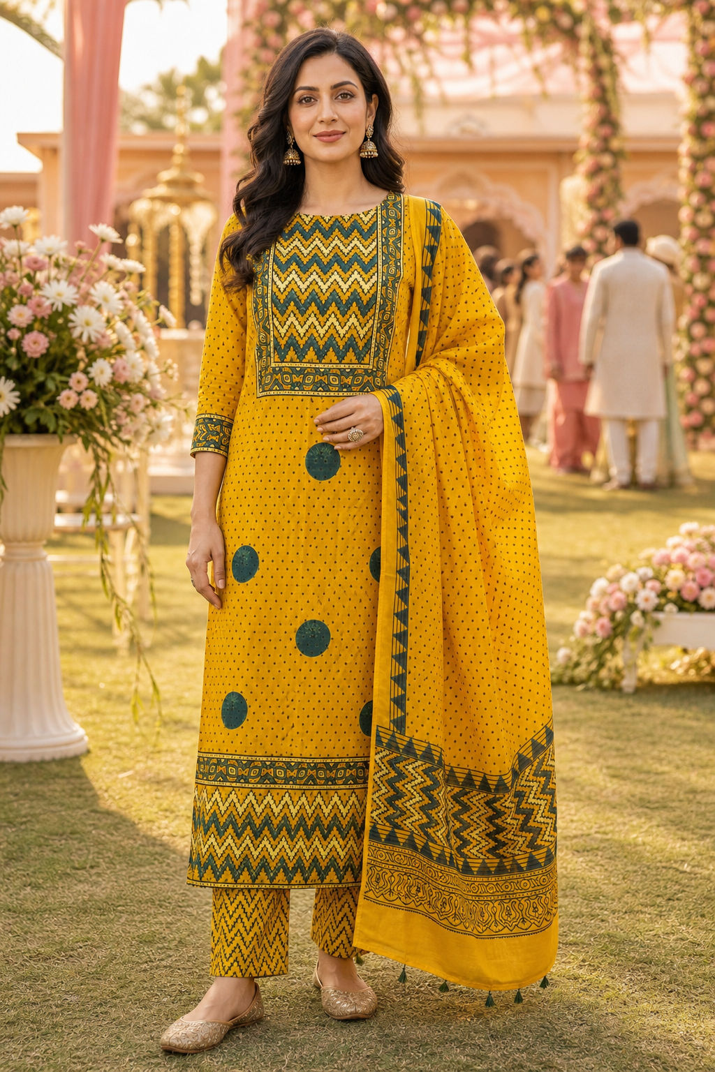 Ajrakh handblock modal 3 piece suit with stole/Yellow/polka design