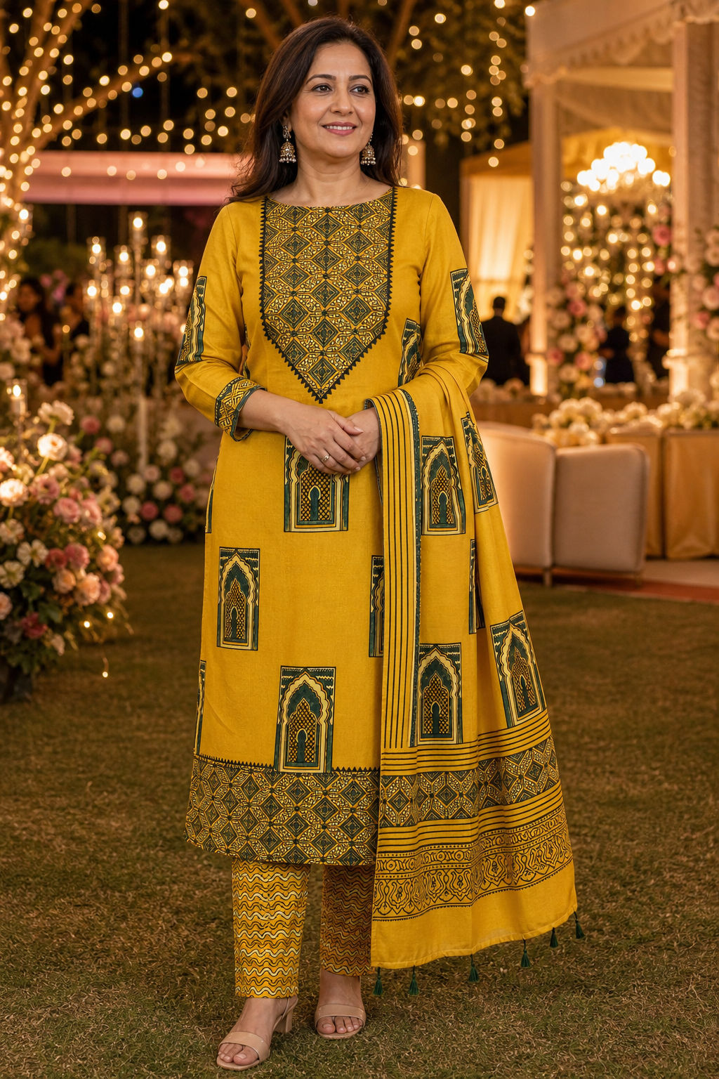 Ajrakh handblock modal 3 piece suit with stole/Yellow/jharokha design