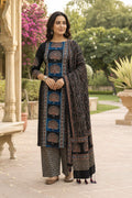 Ajrakh handblock modal 3 piece suit with stole/black/peacock design