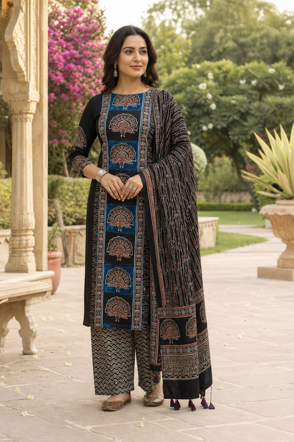 Ajrakh handblock modal 3 piece suit with stole/black/peacock design