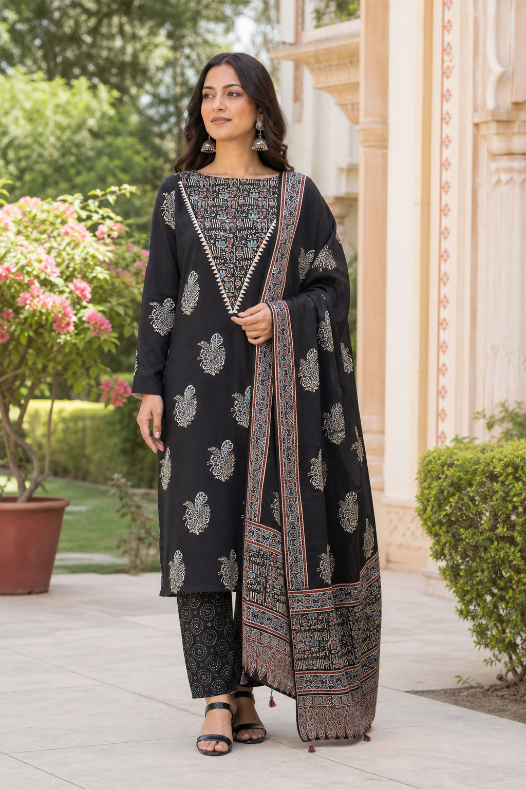 Ajrakh handblock modal 3 piece suit with stole/black/warli neck design