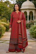 Ajrakh handblock modal 3 piece suit with stole/red/small lotus design