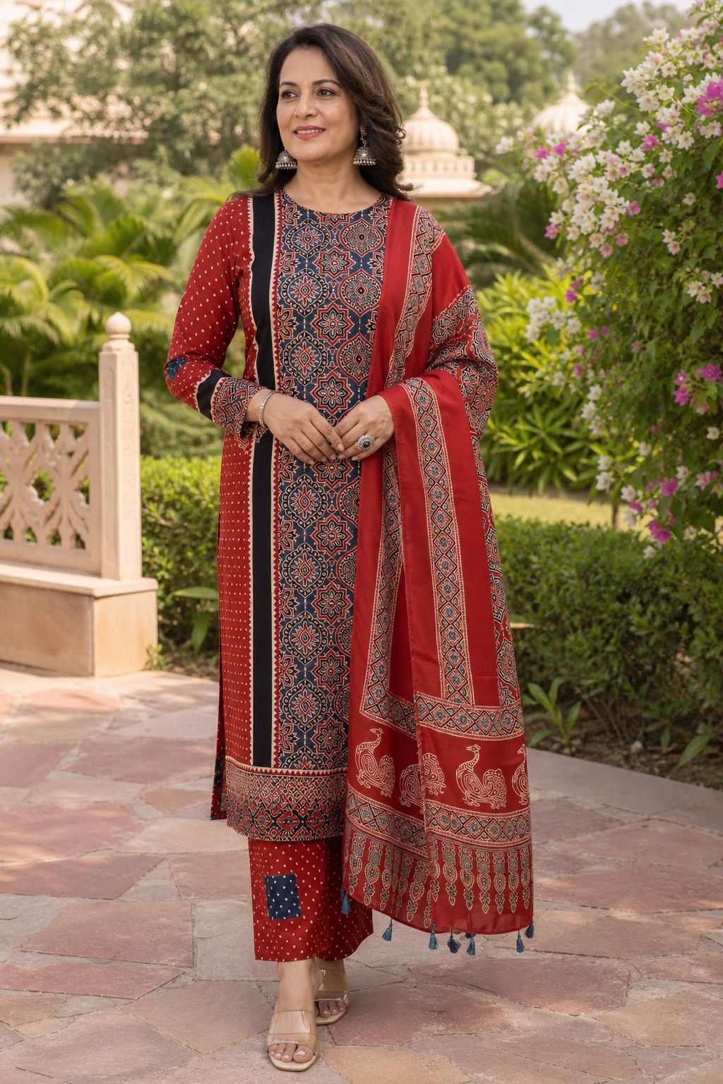 Ajrakh handblock modal 3 piece suit with stole/red/ peacock design