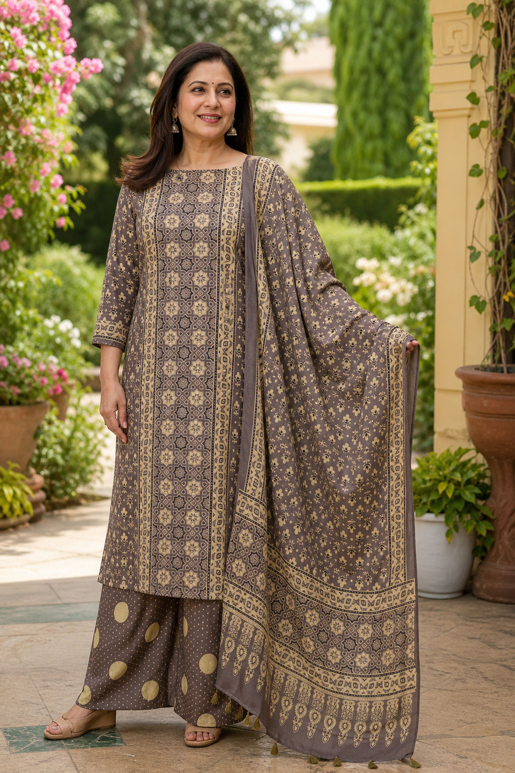 Ajrakh handblock modal 3 piece suit with stole/brown/ small flowerdesign