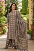 Ajrakh handblock modal 3 piece suit with stole/brown/ small flowerdesign