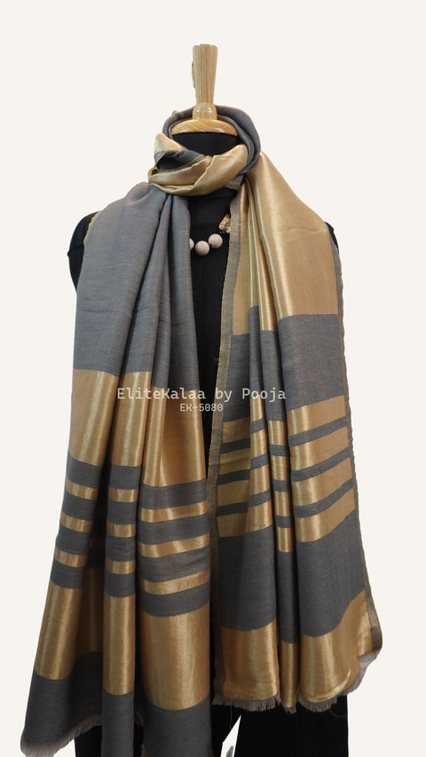 Grey fine wool reversible stole with zari detailing, striped pattern, border and fringe