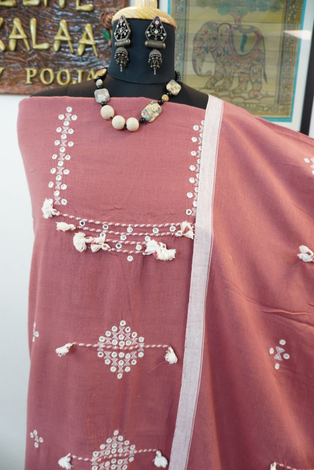 bhujodi kala cotton suit/ carrot pink /design 1