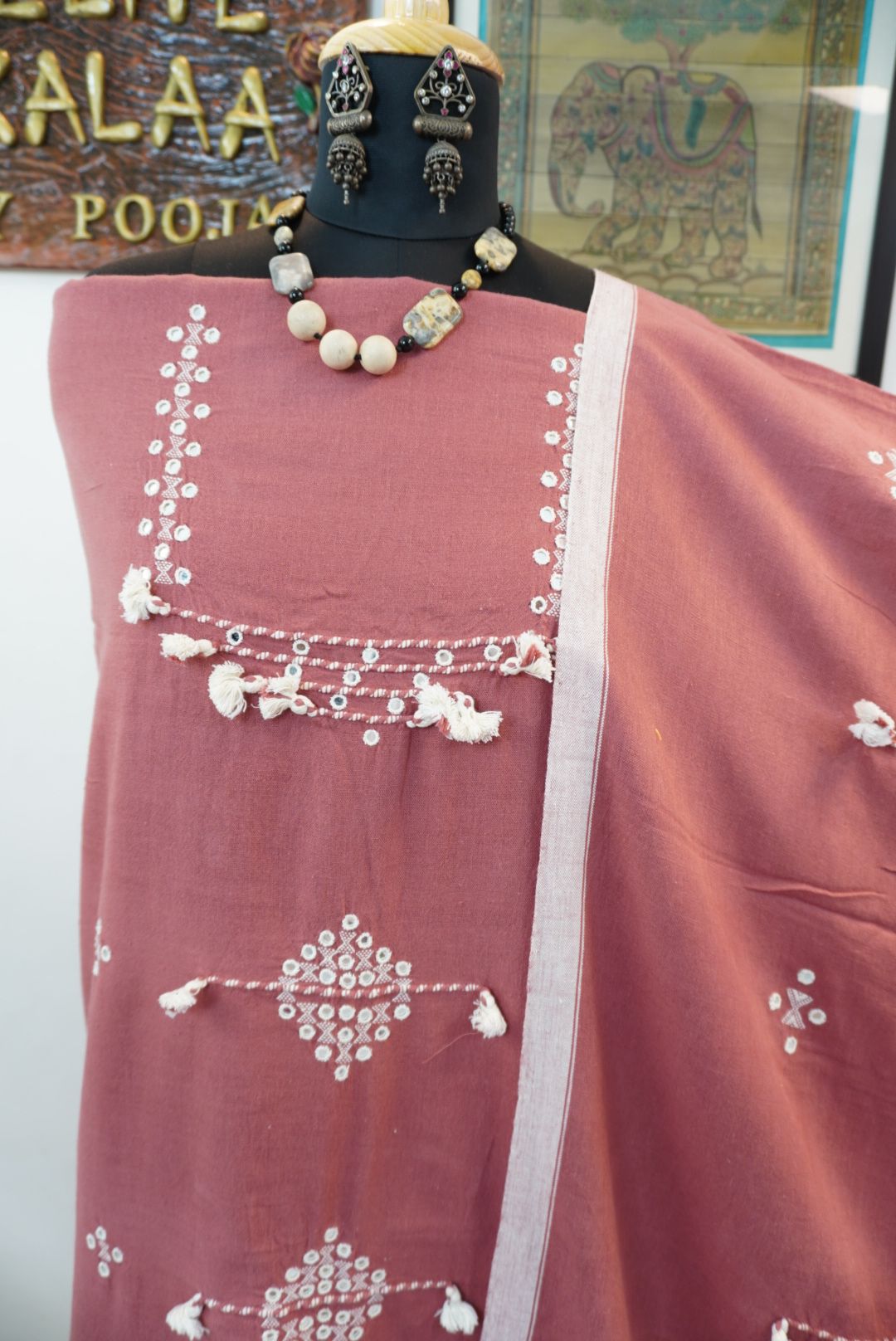 bhujodi kala cotton suit/ carrot pink /design 1
