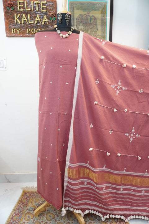 Pink Bhujodi kala cotton suit with design 4, border detail and tassels