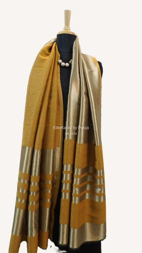 Mustard reversible fine wool stole with zari and gold striped detailing near the ends