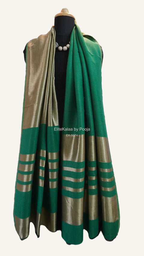 Green fine wool reversible stole with zari and striped detailing