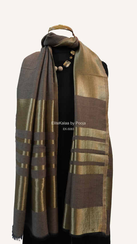 Beige fine wool reversible stole with zari and striped detailing